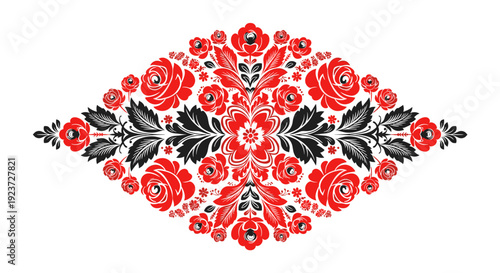 Traditional floral ornament with red and black symmetrical pattern on white background