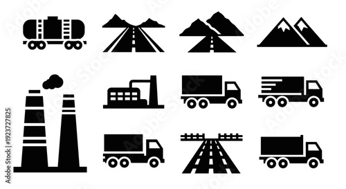 Transport and industry silhouettes: trucks, roads, factories, mountains, chimneys