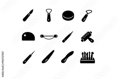 Pottery Tools. Solid icon set of Pottery Tools: sculpting knife, loop tool, sponge, trimming tool, rib scraper, clay cutter wire, detail