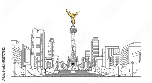 Angel of independence monument in mexico city with modern skyline in line art style