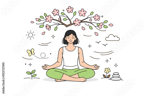 Spring renewal and yoga. A person in a calm yoga pose under a blossoming tree, with gentle movement lines and fresh spring details. The scene