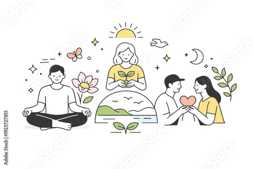 Spring harmony illustration. Human figures forming a balanced composition with nature-inspired elements, symbolizing peace, renewal, and