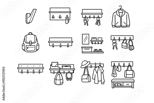 Functional entryway wall hooks. Line icon set of Functional entryway wall hooks: modern wall hook, entryway wall panel, keys organizer hook,