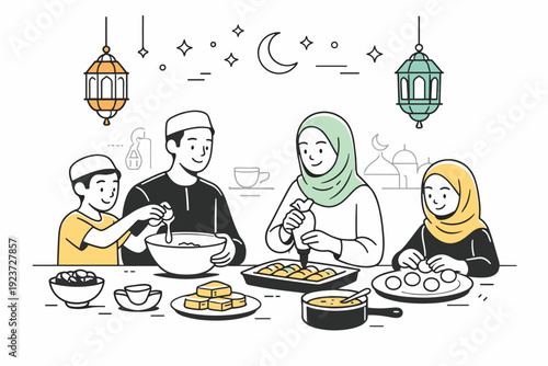 Ramadan night desserts preparation. Family members cooking together, sharing tasks and quiet conversation, friendly collaboration in a warm