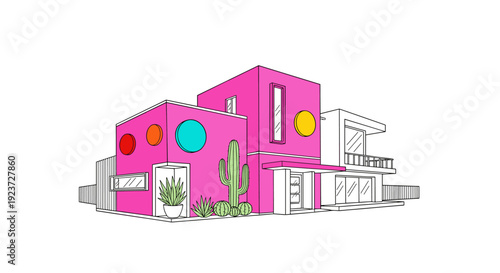 Modern geometric house design with bright colors and cacti