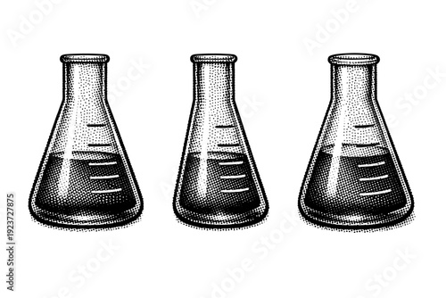Laboratory flask icon element. A glass laboratory flask with liquid fill level marking is shown from three different angles: front view, side view, and