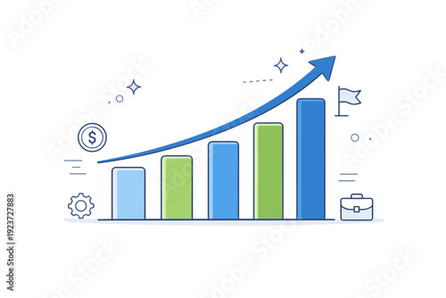 Financial performance chart. Simple columns increasing in height with a smooth arrow moving upward across them. Stability, success, and clear data