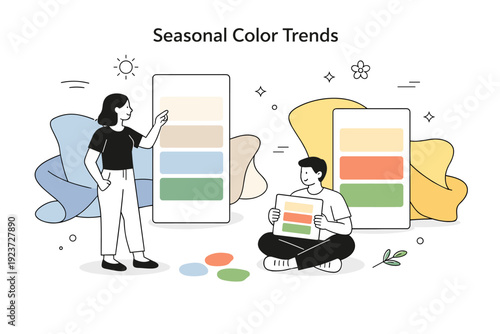 Seasonal color trends. A calm editorial scene showing abstract swatches, fabric-like shapes, and simple human figures comparing color palettes. The mood is