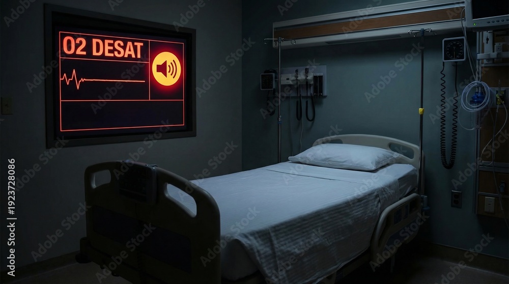 Fototapeta premium Empty Hospital Bed in a Dark Room with O2 Desaturation Warning.