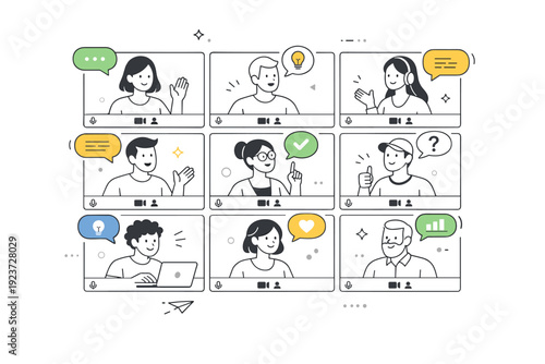 Video conferencing ? remote teamwork. Multiple participants joined in a grid of video frames, exchanging ideas with speech bubbles and simple