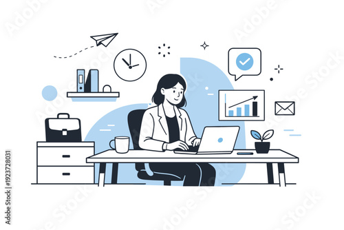 Duotone Workspace Ambiance. Duotone corporate workspace. A modern office scene with a professional working at a desk, rendered in a calm two-color palette to