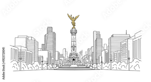 Line art of angel of independence monument with cityscape background
