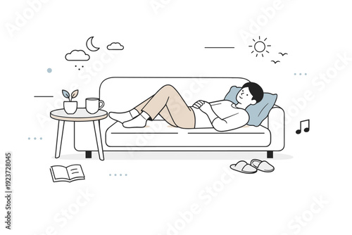 Calm Resting Scene. Rest without productivity. A wide, airy composition shows a person simply resting in a quiet space, with no narrative of improvement or