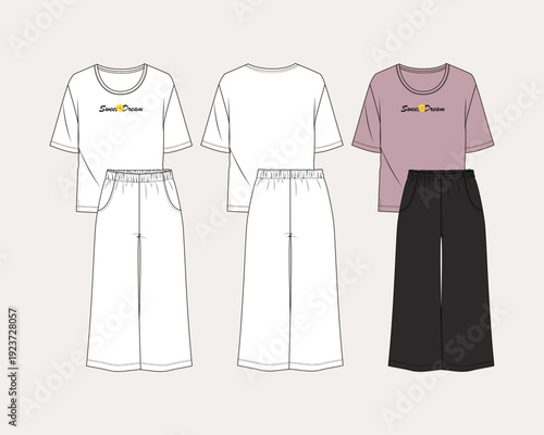 Women’s Pajamas, Sleep wear, Fashion Flat Sketch Vector Illustration, CAD, Technical Drawing, Flat Drawing, Template, Mockup.