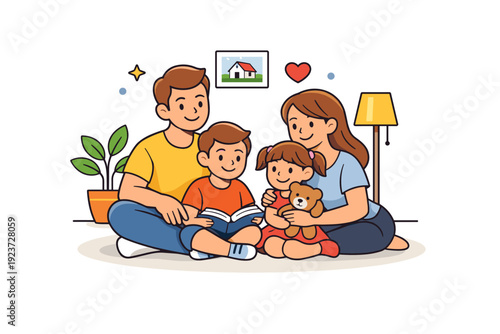 Happy family at home parents and children spending relaxed time together in a cozy living space, expressing warmth, connection and everyday