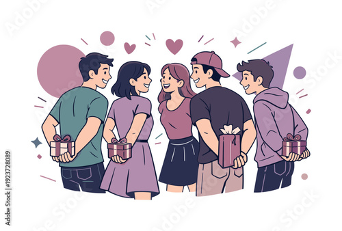 Friendship celebration. Group of friends holding gifts behind their backs, anticipation and