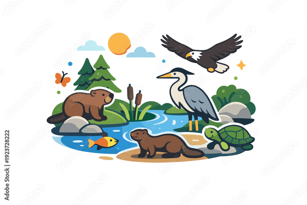 Fototapeta premium Mink river ecosystem scene portrayed as a harmonious interaction between animal and environment, evoking themes of biodiversity and respect for wildlife.