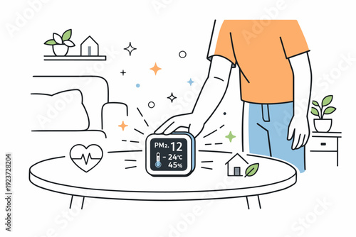 Home air quality check. A person places a small air quality monitor on a living room table, subtle abstract floating dots and stars emphasizing attention to