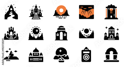 Abstract minimalist landscape icons featuring sunsets and architectural elements