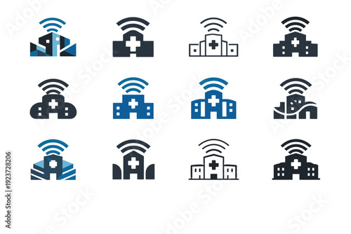 Smart healthcare systems. Icon set. Set Logo of Smart healthcare systems: hospital building with wireless signal. harmonious logo variations