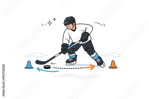 Hockey stick handling training. Player practicing slow puck control drills, stick moving side to side in a steady rhythm, focused posture and