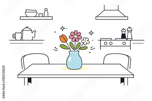 Flowers on kitchen tables as everyday detail. Simplified flowers and vase act as a soft visual accent within a minimal kitchen setting.