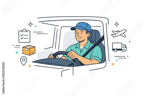 Calm Truck Driver. Truck and transport drivers. A professional driver calmly sits behind the wheel of a delivery truck, focused on the road ahead. Steady,