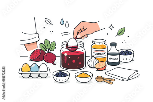 Easter egg natural dye experiments. A calm editorial scene showing a person gently dipping an egg into a jar of beetroot dye, surrounded by