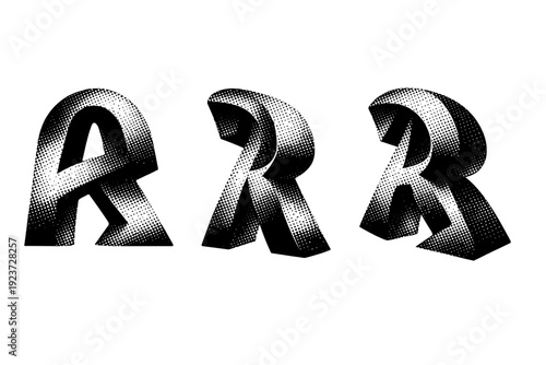 Experimental alphabet symbol An experimental alphabet symbol depicted in three views with unconventional contours, cohesive structure, and