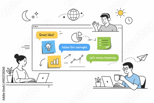 Remote collaboration across time zones. Shared digital board with comments appearing at different moments, indicating ideas added overnight.
