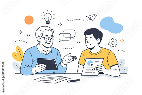 Interal knowledge transfer at work. An older professional calmly explaining ideas to a younger colleague using documents and a