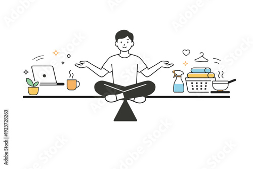Remote work people at home. A person balances work and home life, laptop on one side and household items on the other. Visual metaphor for flexibility and