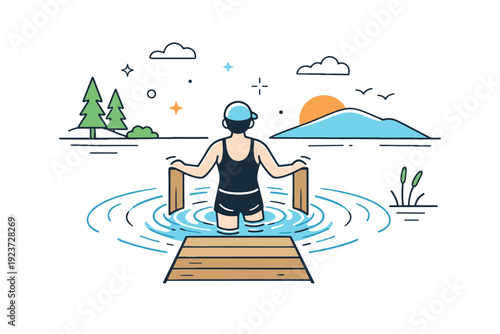 Swimming in natural lakes. Person entering the water from a wooden dock, gentle waves spreading around. Refreshing moment and mindful contact
