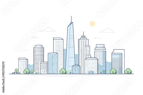 Modern buildings skyline. Simplified skyline with varied building heights and clean silhouettes, calm rhythm and visual harmony. The mood is