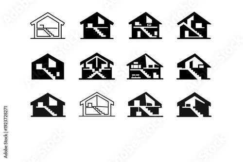 Building section cutaway. Icon set. Set Logo of Building section cutaway: minimalist architectural cross-section. harmonious logo variations