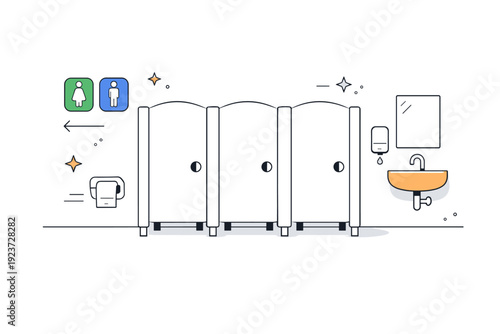 Public restrooms minimalism. Clean restroom interior with simple stall doors, soft shadows, and minimal signage. Functional calm and geometric order in public