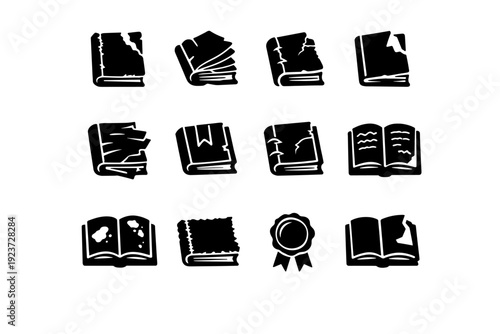 Vintage Book Icons. Tattered Book. Solid icon set of Tattered Book: torn cover, bent pages, broken spine, missing page corner, faded text, loose binding, old