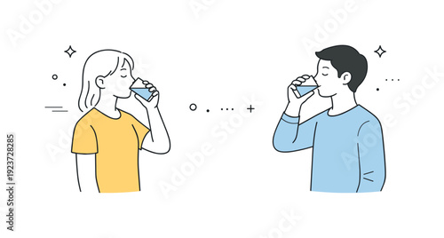 People drinking water slowly. Two people stand apart, each quietly drinking water from separate glasses. Shared pause without interaction,