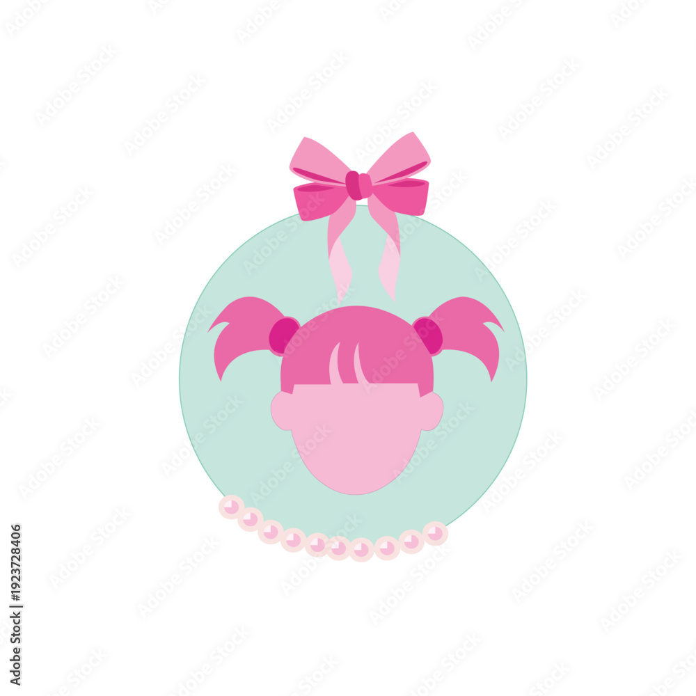 Obraz premium Cute Girl Avatar Logo with Pink Pigtails and Ribbon Bow Featuring a Pearl Necklace on a Soft Teal Circular Background