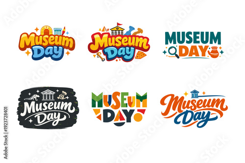 Celebrate Museum Day. Set lettering. harmonious lettering variations of the same emblematic concept, each with different artistic