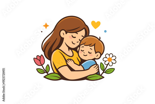 Mother and child spring portrait minimal family concept with heartwarming pose, flowers and subtle decorative details, capturing nurturing