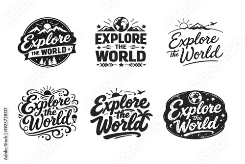 Explore the world inspirational lettering. Set lettering. harmonious lettering variations of the same emblematic concept, each with different