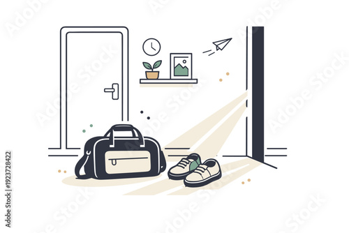 Leaving places moments. A bag rests by the door with shoes nearby, light casting across the floor, suggesting someone just left or is about