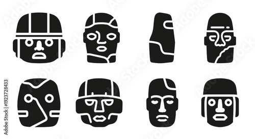 Abstract black and white geometric face designs in bold silhouette style