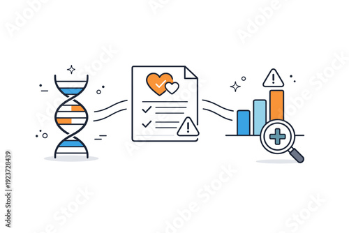 Preventive health analytics objects. DNA strand icon connected to health report and bar graph, showing genetic analysis and risk evaluation
