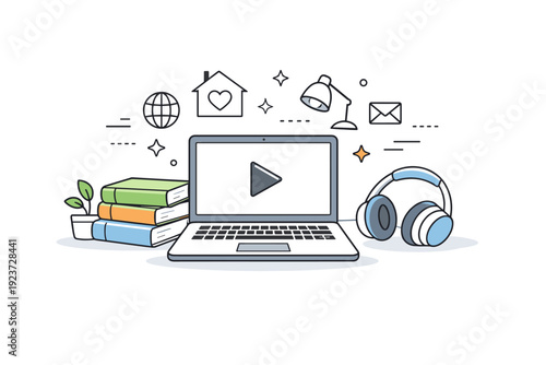 Study from home concepts. Abstract composition of laptop, books, headphones, and home icons arranged harmoniously. Conceptual view of remote