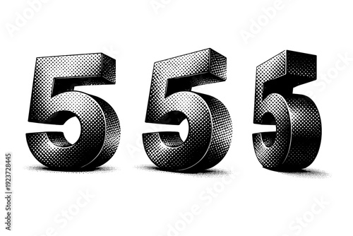 Halftone number represented as a sculptural sans-serif numeral shown in frontal view, diagonal angled view, and side silhouette