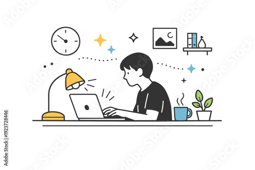 Evening home office scene. A person works at a softly lit desk with a laptop and lamp, abstract stars and lines emphasizing focus and a cozy, productive