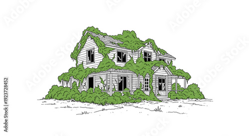 Abandoned house with overgrown vegetation in black and white with green accents