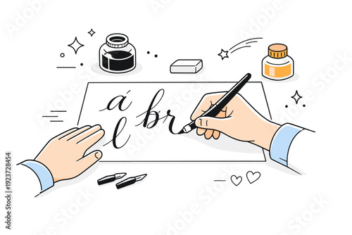 Calligraphy practice. A person holding a pen, carefully drawing elegant letters on a clean sheet of paper, with ink strokes visible. Focused,